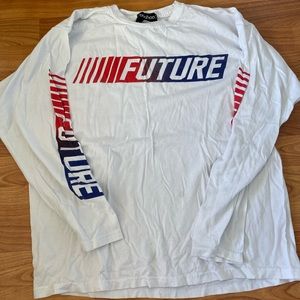 White, red, and blue “FUTURE” long sleeve tshirt in NASCAR font from Boohoo MAN.